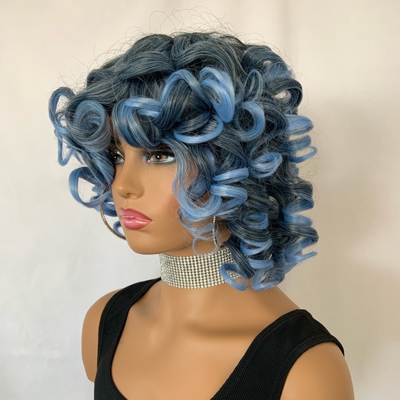 Curly Black & Pale Blue “Put On & Go” Premium Fiber Wig for Daily Wear or Events - Picture 4 of 9